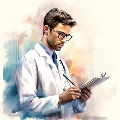 Wall Mural - Male doctor with stethoscope in uniform taking notes to clipboard in hospital corridor. Generative AI