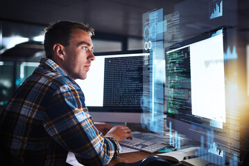 Developer, man and programmer code on computer screen with cybersecurity hologram, analytics and seo or working at night. Technology, coding and hacker on dark software, safety and iot password