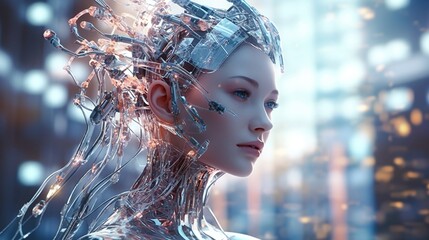 Wall Mural - A beautiful iridescent woman cyborg with intricate wiring and circuitry on her skin. Cyberpunk, android robot bionic. Female artificial intelligence. Science fiction chrome robot girl. Generative AI