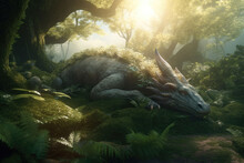 A Mighty Forest Dragon Sleeps In The Sunlight, In The Middle Of An Ancient Forest. Generative AI