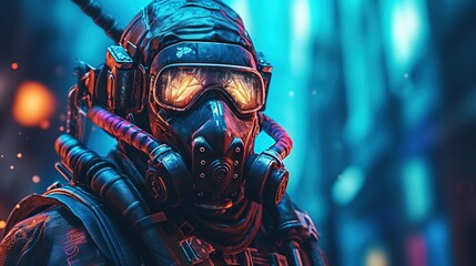 Closeup of a soldier wearing camouflage fatigues and a gas mask. A stalker face in gas mask with filter and red and blue highlights on background. Generative AI