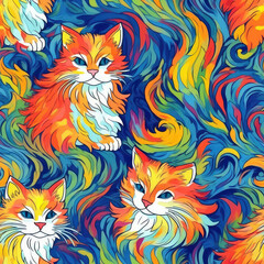  Impressionism cats repeat pattern - colorful pastel colors, abstract art 