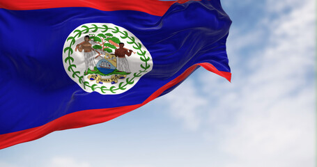 Belize national flag waving in the wind on a clear day