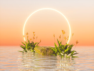 Fototapete - Tropical summer scene with a podium for product display. 3d rendering.