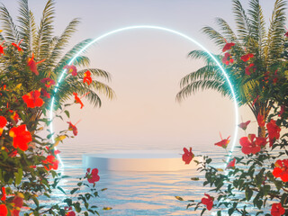 Aufkleber - Tropical summer scene with a podium for product display. 3d rendering.