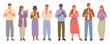 People clapping with hands, applauding set. Happy men, women greeting each other, congratulating with appreciation. Flat cartoon vector of multi ethnic characters support gestures, applause