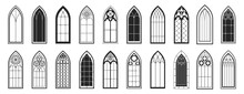 Gothic Windows Outline Set. Vector Illustration Of Vintage Stained Glass Church Frames, Black Silhouette Icon. Element Of Traditional European Architecture, Cathedral Windows