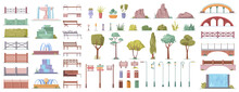 City Park Elements Cartoon Set Of Summer Trees And Bushes, Bridges And Benches, Street Lights And Fences, Fountains And Stones Buildings, Grass Isolated Vector Illustration Icons