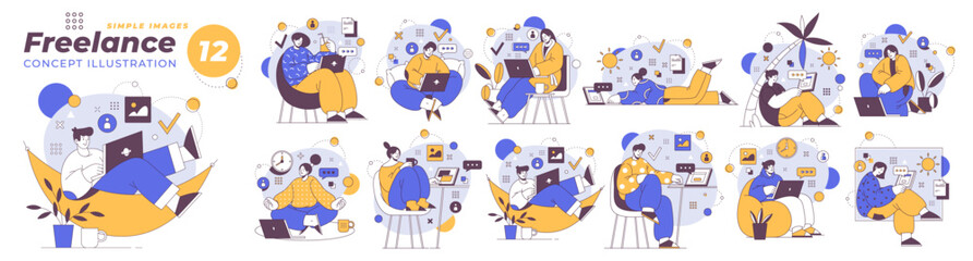 Freelancers cartoon characters working on laptop, online job on computers. Vector illustration of programming employers, relaxed person on workplace, professional programmers