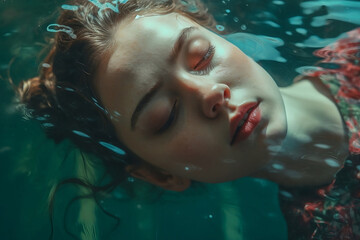 Beautiful girl floating in the sea, closing eyes with relax pose, generative ai