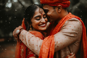 An indian bride and groom embracing in the red fabric wedding costume, generative ai