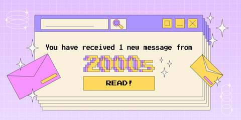 Wall Mural - Old computer window opened with reminder of a new message from 2000s, trendy Y2K aesthetic vector illustration, retro style pc screen.