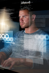 night, hologram and man with focus, analytics and programming with cyber security, research or think