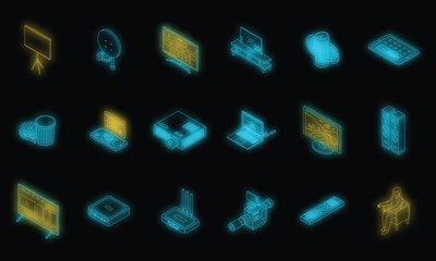Sticker - Interactive tv icons set. Isometric set of interactive tv vector icons neon color on black