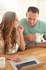 Poster - Happy couple, home and computer in online planning, digital review and check website or application for information. Mature partner, woman or people on laptop talking, coffee and reading on internet