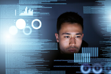 data, programmer and man with focus, hologram or cyber security with website information, futuristic