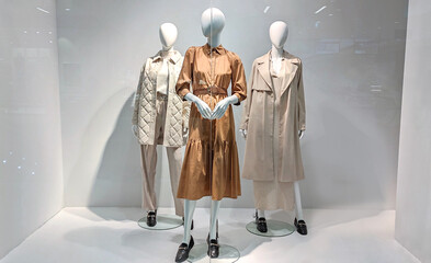 Wall Mural - Female mannequins in shop window. Three women dummies show fashionable clothes