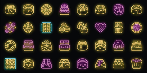 Wall Mural - Cinnamon roll bun icons set outline vector. Food baked. Bakery danish neon color on black