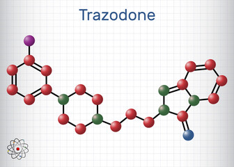 Poster - Trazodone molecule. It is antidepressant, used to treat major depressive disorder. Structural chemical formula, molecule model. Sheet of paper in a cage.