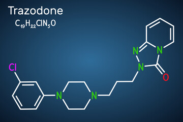 Poster - Trazodone molecule. It is antidepressant, used to treat major depressive disorder. Structural chemical formula on the dark blue background