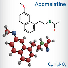 Sticker - Agomelatine molecule. It is atypical antidepressant,  used to treat major depressive disorder. Structural chemical formula, molecule model.