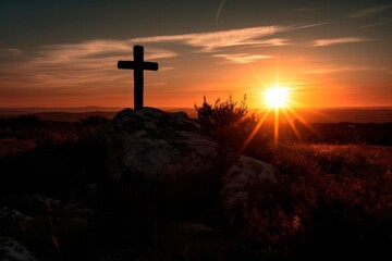 Jesus Christ cross. Easter, resurrection concept. Christian wooden cross on a background with dramatic lighting, colorful mountain sunset, dark clouds and sky, sunbeams  Generative AI