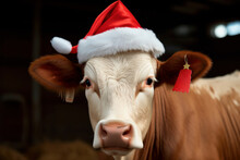 Bull In Santa Hat On Black Background. Cow In Christmas Hat Looks At Camera. Symbol Of The Year. Chinese Horoscope. Calendar. New Year 2024. Holiday December, Christmas, Happy New Year