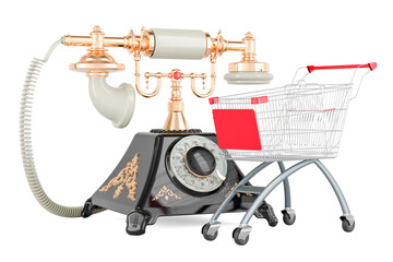 Wall Mural - Old-fashioned phone with shopping cart. 3D rendering