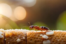 Hyperrealistic Macro Photo Shot Of Red Ants Eating Sugar On Bread. Cinematic Lighting, Excellent Detail
