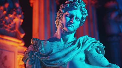 A renaissance-style marble statue of a mysterious figure in neon and ultraviolet light. Sculpture of a Greek god. Generative AI