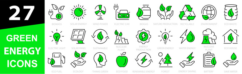 Wall Mural - green energy 27 icon set. icons for renewable energy, green technology. vector illustration.