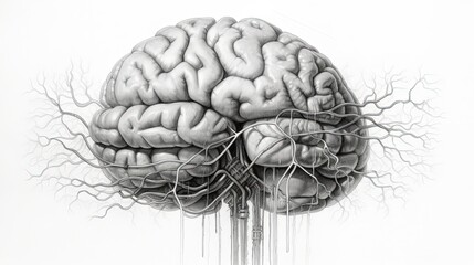 Wall Mural - Black and white illustration of the human brain. Abstract Illustration of the thought processes in the brain, neurons. Generative AI