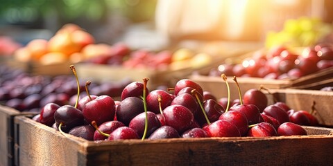 Ripe juicy cherries in wooden boxes at the vegetable market, blurred sunny background. Ripe Sweet Red Cherries. Generative AI