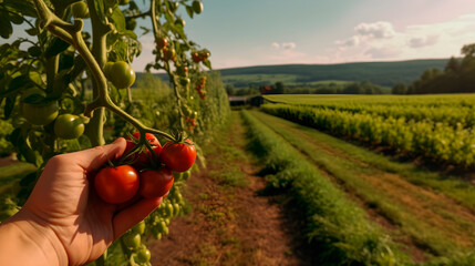 ripe tomatoes in the farmer's hand against the backdrop of a tomato plantation at sunset, generative ai