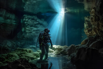 Wall Mural - scuba diver swimming under water. Neural network AI generated art Generative AI