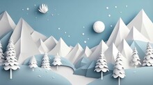 Mountain Winter Landscape With Fir Trees And Snow. 3d Origami, Paper. Space For Text, Winter, Holidays, Christmas