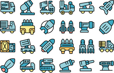 Wall Mural - Anti-aircraft missile system icons set outline vector. Gun mortar. Vehicle war thin line color flat on white