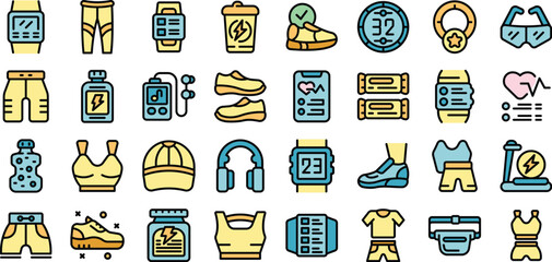 Wall Mural - Running accessories icons set outline vector. Wrist pedometer. Walk fit thin line color flat on white