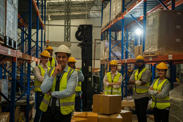 Aufkleber - Multicultural logistics employees working as a team in a large distribution warehouse.