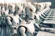 Concept of a classroom filled with identical robots, symbolizing the dystopian future of artificial intelligence in an educational setting and evokes a sense of unease. Generative A.I. technology.