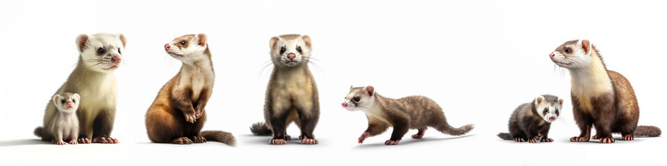 Wall Mural - animals pets ferrets banner panorama long - collection of funny cute lying, sitting white brown ferr