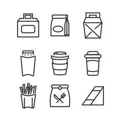 Wall Mural - Takeaway food and drink linear icons set. Takeaway food service, fast food retail symbols pack. Unhealthy food. Lunch bags, coffee cups and lunch containers thin line illustration