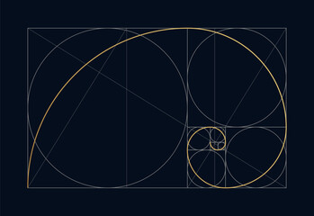 Golden ratio design template. Geometric Figure in law of golden ratio. Golden spiral, golden section, Fibonacci array, Fibonacci numbers. Vector illustration