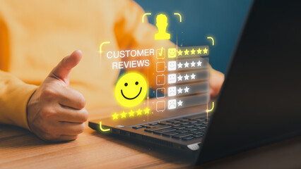 Poster - User hand using a computer laptop with pop up smiley face and five star icon for assessment feedback review satisfaction and testimonial. Customer service experience and business satisfaction survey.