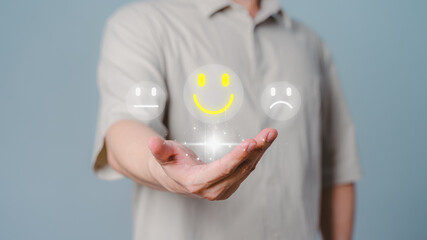 Poster - Client hand showing happy smile face icon , good feedback rating, think positive, customer review, assessment, satisfaction, testimonial, good mental health, good mood. Opinion rating very impressed.