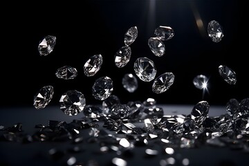 Poster - close up view of shiny diamonds scattered on black background, ai tools generated image