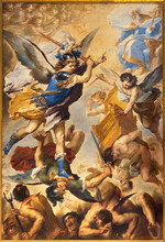 NAPLES, ITALY - APRIL 20, 2023: The Painting Of Fall Of The Rebel Angels  In The Church Chiesa Dell' Ascensione A Chiaia By Luca Giordano (1657).