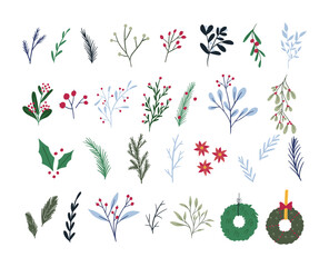 Set of cute hand drawn winter botany elements, flat vector illustration isolated on white background. Various branches, flowers, berries and wreaths. Floral Christmas decoration collection.