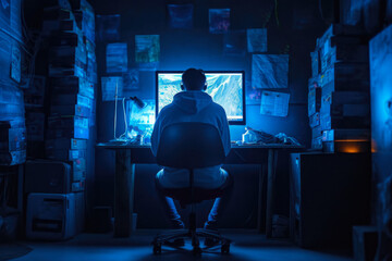 A Man In A Dark Room Behind A Bright Blue Computer Screen With A Crooked Back Created With The Help Of Artificial Intelligence