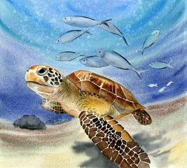 Watercolor illustration of a sea turtle swimming in the blue sea water at the bottom of the ocean with colorful fish and sandy bottom